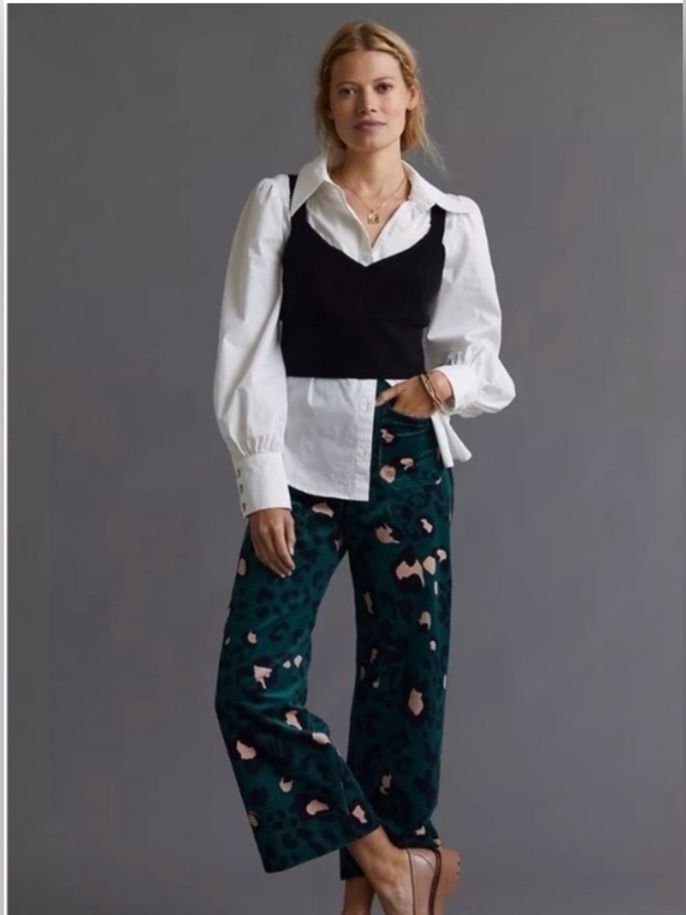 Anthropologie Maeve dark green, black and tan Wide-Leg Pants “the Colette”